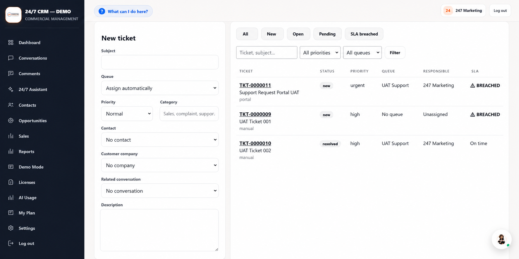 Functional CRM 24/7 demo mode
