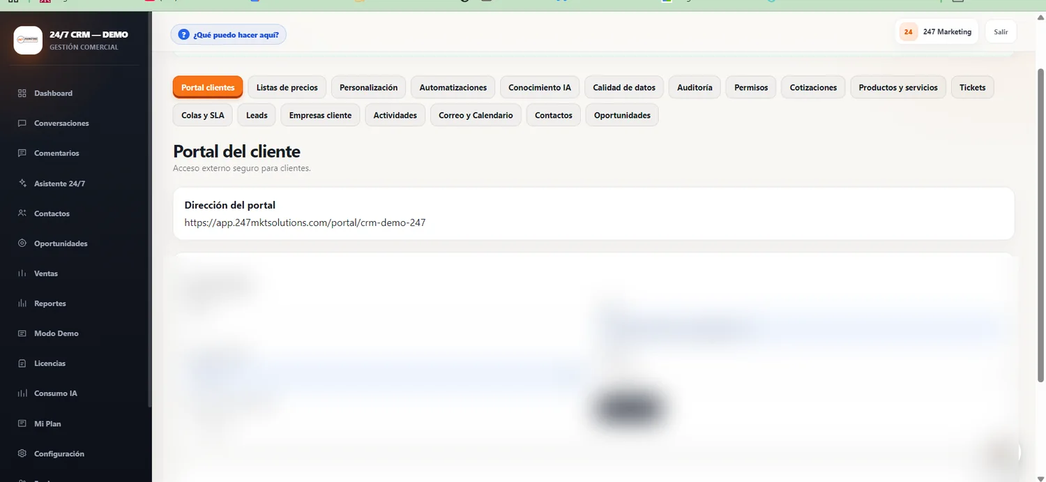 Portal del cliente de CRM 24/7