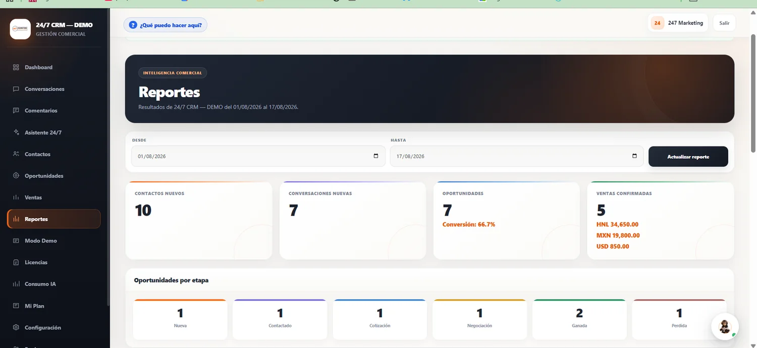 Reportes comerciales en CRM 24/7