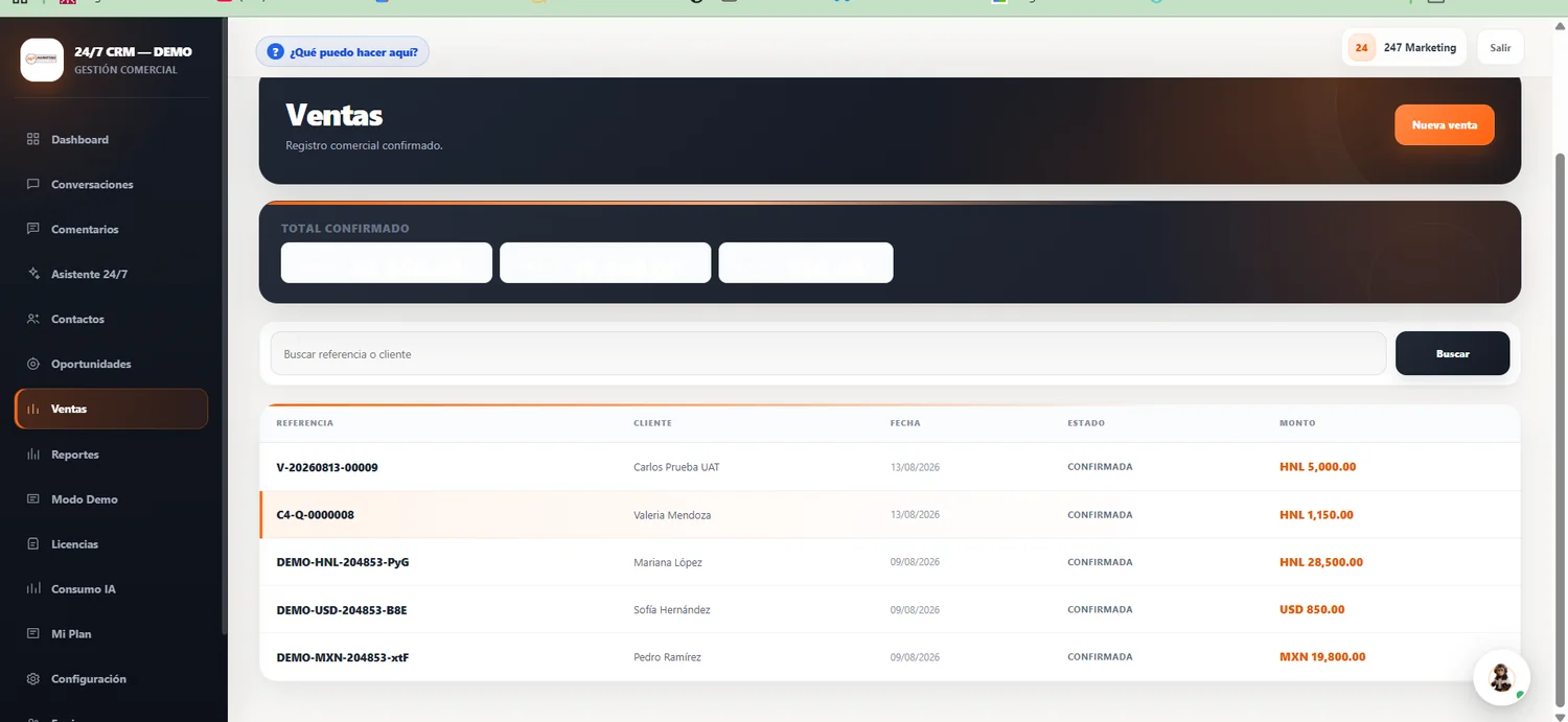 Ventas registradas en CRM 24/7